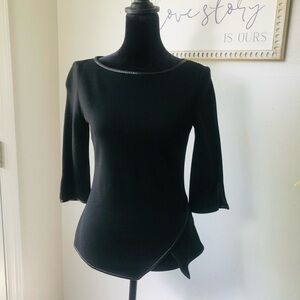 St. John Black Asymmetrical Bell Sleeve Blouse with Lamb Leather Trim.